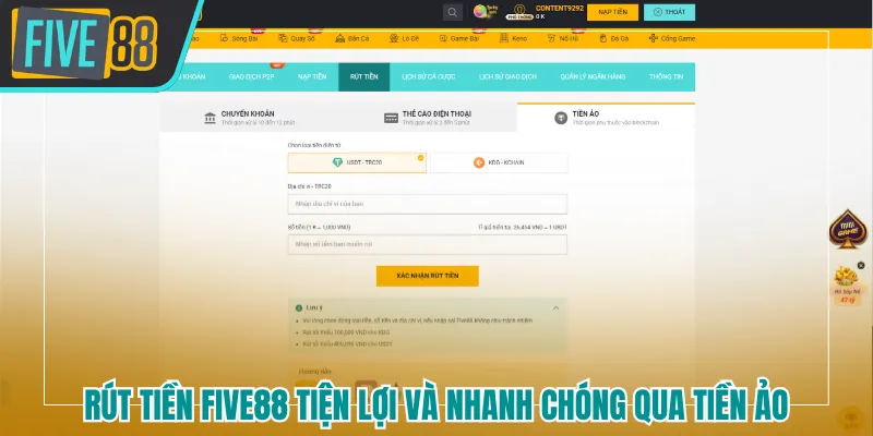 Rút tiền Five88 tiện lợi và nhanh chóng qua tiền ảo